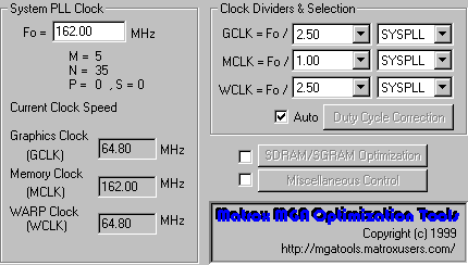 Screenshot MGATweak mit den Taktraten der G450.